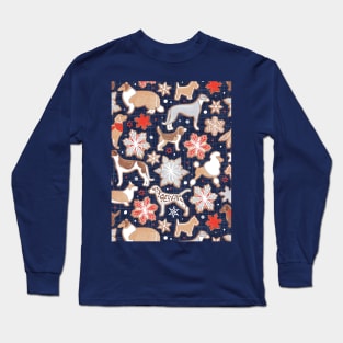 Catching ice and sweetness // pattern // navy blue background gingerbread white brown grey and dogs and snowflakes neon red details Long Sleeve T-Shirt